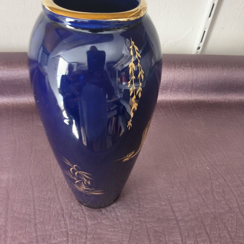 Ceramic vase cobalt blue with gold details