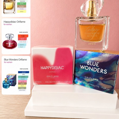 Avon Today Tomorrow Always and Oriflame Blue Wonders and Happydisiac perfumes 50 ml like new