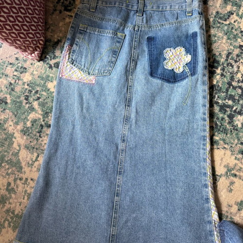 Midi denim skirt with patchwork and floral details, new with tag