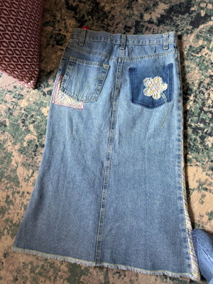Midi denim skirt with patchwork and floral details, new with tag