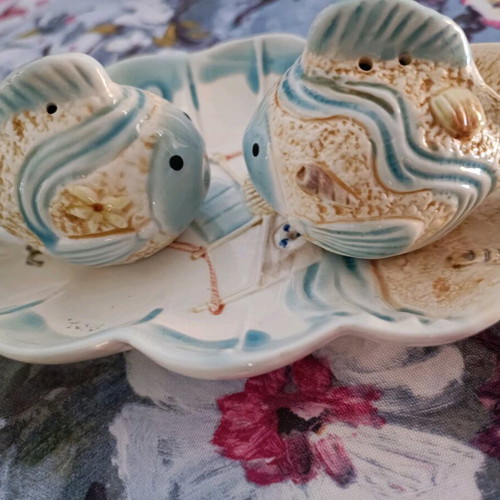 Vintage ceramic salt and pepper set with fish design like new