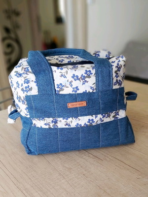 Denim blue crossbody travel backpack new with floral cotton fabric