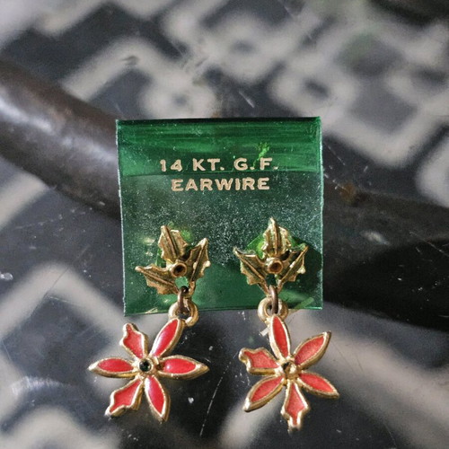 Poinsettia earrings with gold tone and red & green enamel