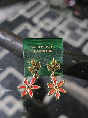 Poinsettia earrings with gold tone and red & green enamel