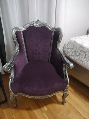 Antique baroque armchair with purple velvet and silver patina like new