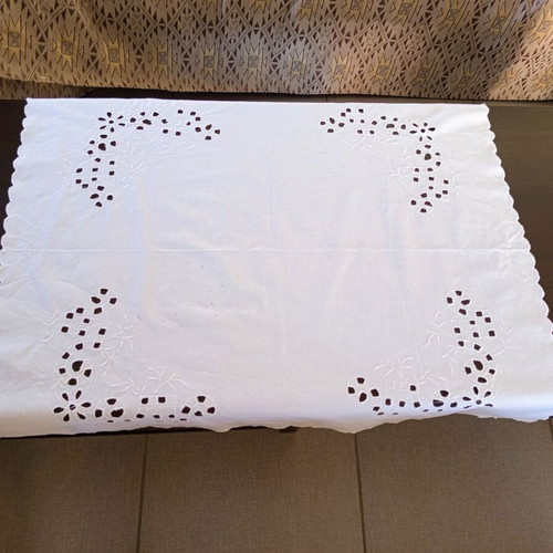 Vintage handmade cutwork tablecloth used, white embroidery 69x78 cm