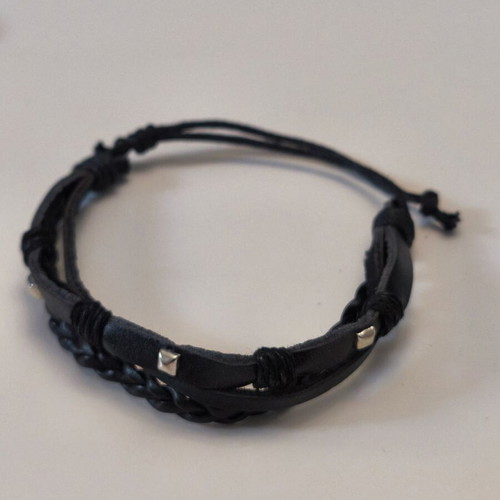 Set of 6 men's adjustable leather and cord bracelets, black and khaki