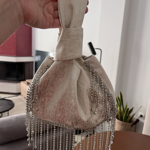 Eiko_ai Tins bag silver metallic mini handbag with crystal fringes