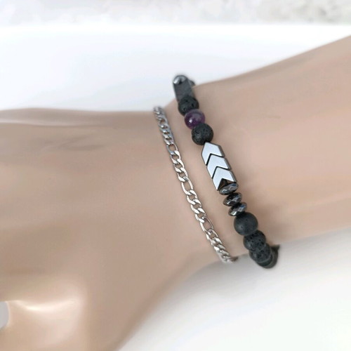 Unisex Bracelet Set with Steel Figaro Chain & Black Semi-Precious Stones