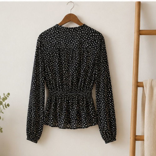 About You black blouse with white dots, size M