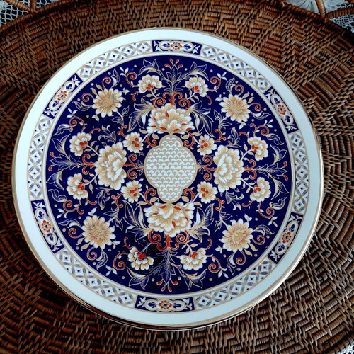Porcelain wall plate 24K Gold, blue and gold floral