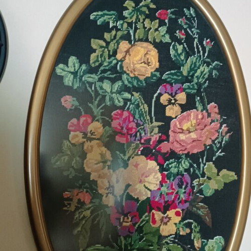 Vintage large embroidered oval textile painting with floral design
