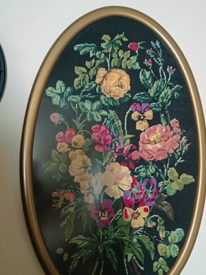 Vintage large embroidered oval textile painting with floral design
