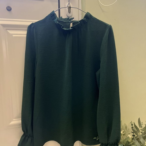 Blouse dark green size S like new with ruffle neck and cuffs
