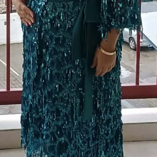 Evening dress petrol with fringes and sequins like new, size 5XL