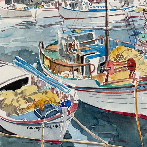 Watercolor by Giorgos Papadoperakis featuring Fishing Boats in passepartout