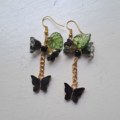 Butterfly Earrings new, black and gold tone, handmade
