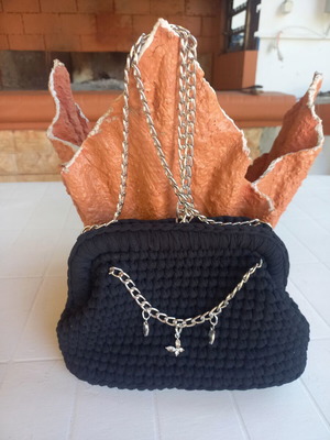 Black Charm Clutch handmade with silver chain, new