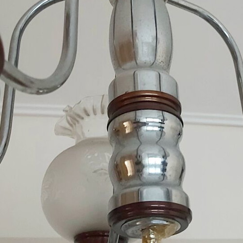 Φωτιστικό οροφής vintage 70s 5φωτο με inox σκελετό και ξύλινα στοιχεία