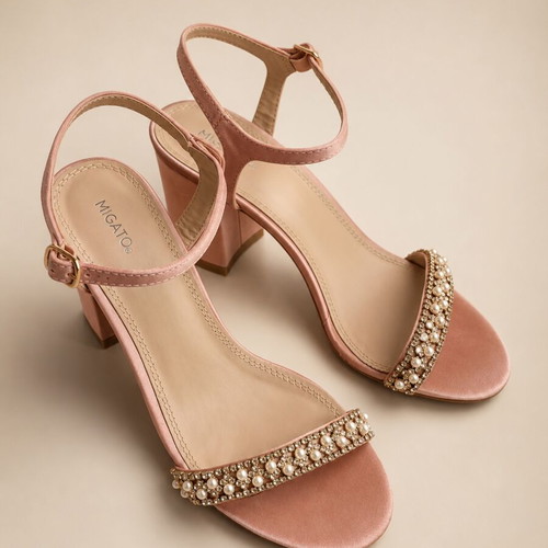Migato pink satin sandals like new, size 38, pearl decoration