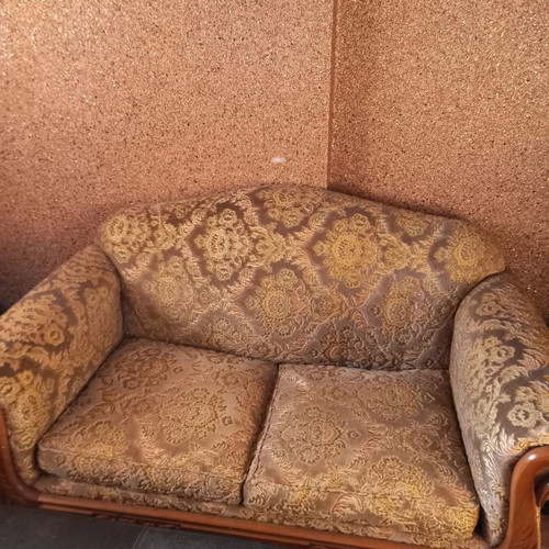 Set of two used velvet two-seater sofas made of solid mahogany