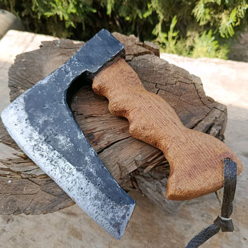 Antique hand axe used, oak handle with genuine leather