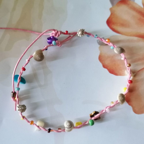 Handmade anklet new with shells and pink waxed thread