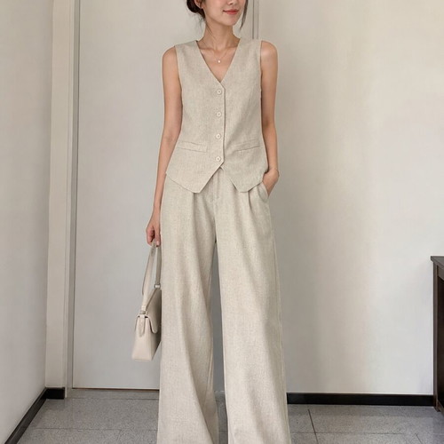 Forget-me-not Linen-Look Set 2 Pieces Vest and Wide-Leg Pants Beige