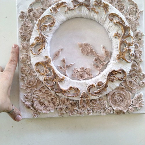 Handmade Mixed Media Relief Canvas Baroque Vintage Style 30x30 cm