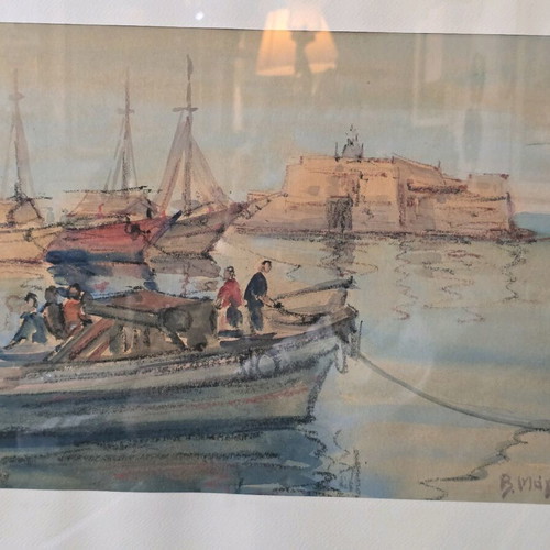 Watercolor V. Magkos "Harbor with Fishermen" like new, signed artwork