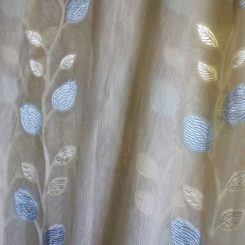 Vintage curtain used, ecru with blue and gold leaves