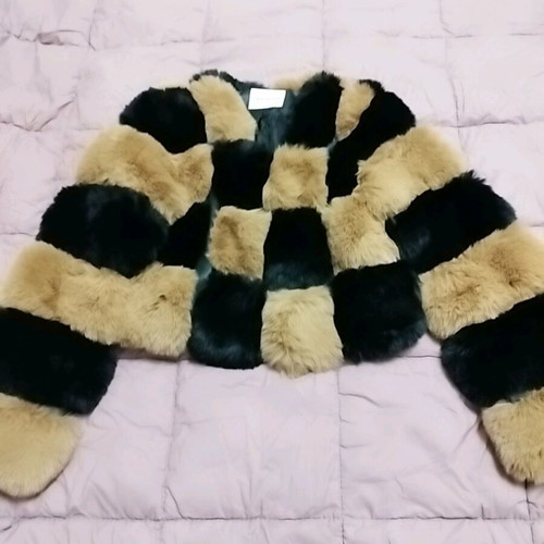 Eco fur jacket Small, new, black and beige checkered