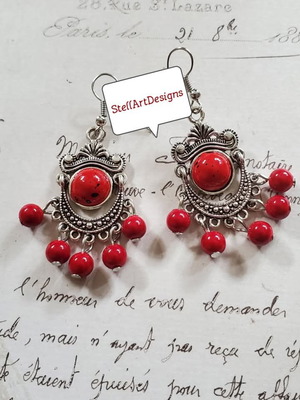 Handmade boho earrings with red beads stainless steel new