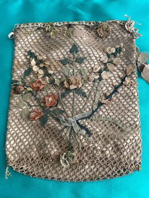 Women's tobacco pouch used 1900 hand-crocheted with embossed flowers