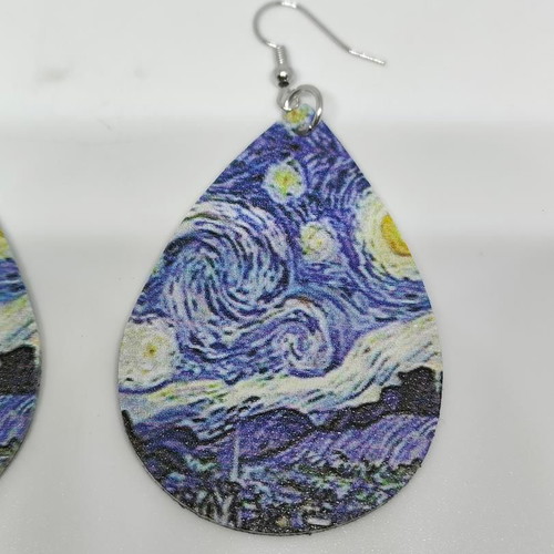 Earrings Starry Night by Van Gogh like new, blue drop shape