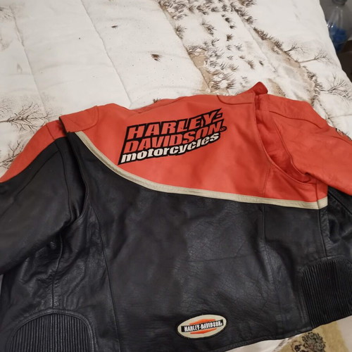 Harley-Davidson Genuine Leather Motorcycle Jacket, size S, black and orange
