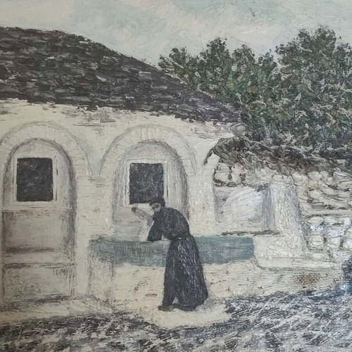 Oil painting of traditional Greek landscape with wooden frame