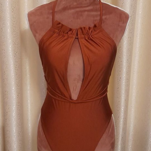 Glossy brown one-piece swimsuit