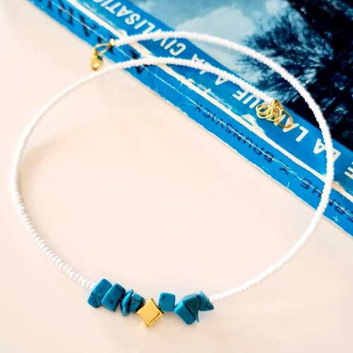 Handmade necklace new with white-turquoise beads, stainless steel-silver or gold plated