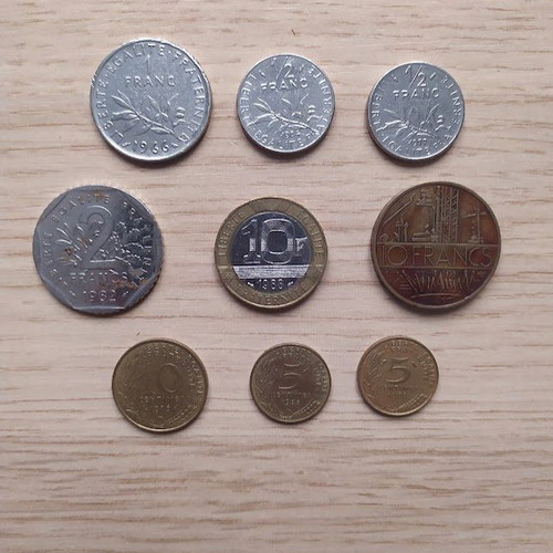 French francs used, 9 coins 1966-88 in very good condition