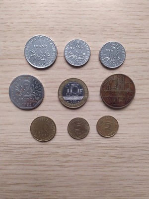 French francs used, 9 coins 1966-88 in very good condition