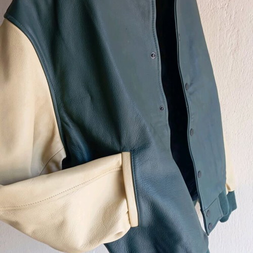 Union Mills Leather Bomber Jacket new beige green