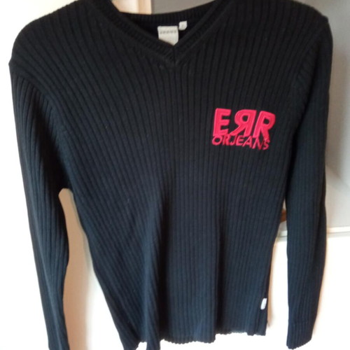 Error Jeans vintage men's knitted sweater black with Error Rider 13 print, like new