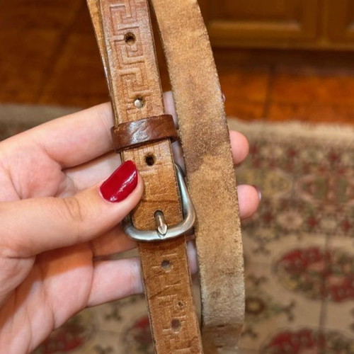 Vintage thin leather brown belt with meander design 95 cm like new