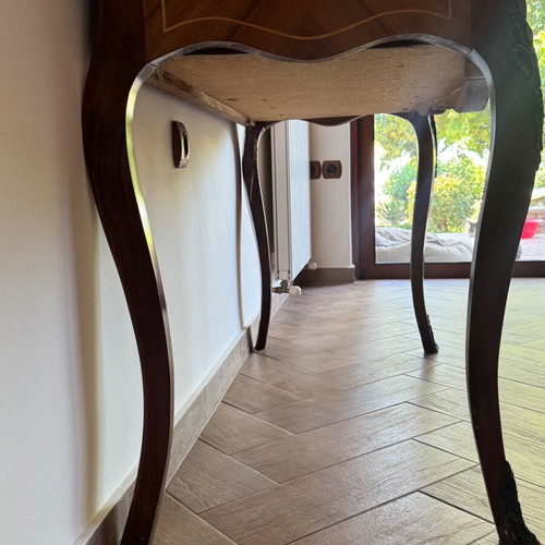 Antique walnut console table with brass and marquetry