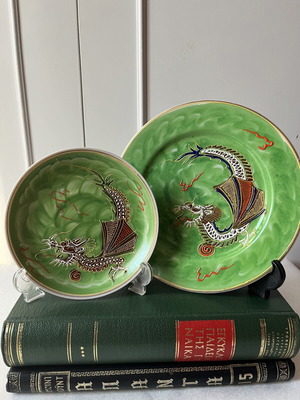 Vintage Ιαπωνικά πιάτα πορσελάνης Dragonware Moriage σετ 2 μεταχειρισμένα