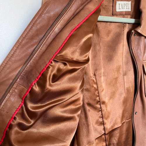Lapel leather jacket used, brown, size medium
