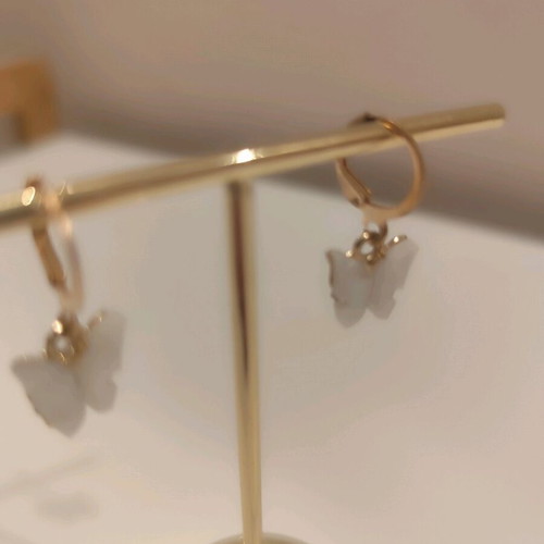 Earrings with 3D butterflies, white and gold, new