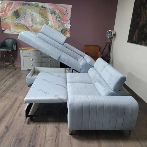 Light Blue Fabric Corner Sofa with Sleep Function and Storage Like New