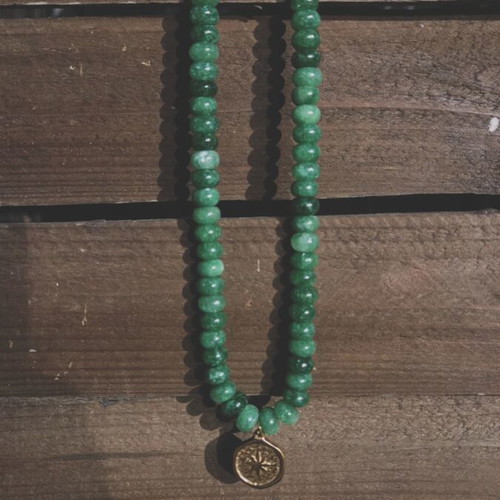 Handmade green necklace with stainless steel compass pendant